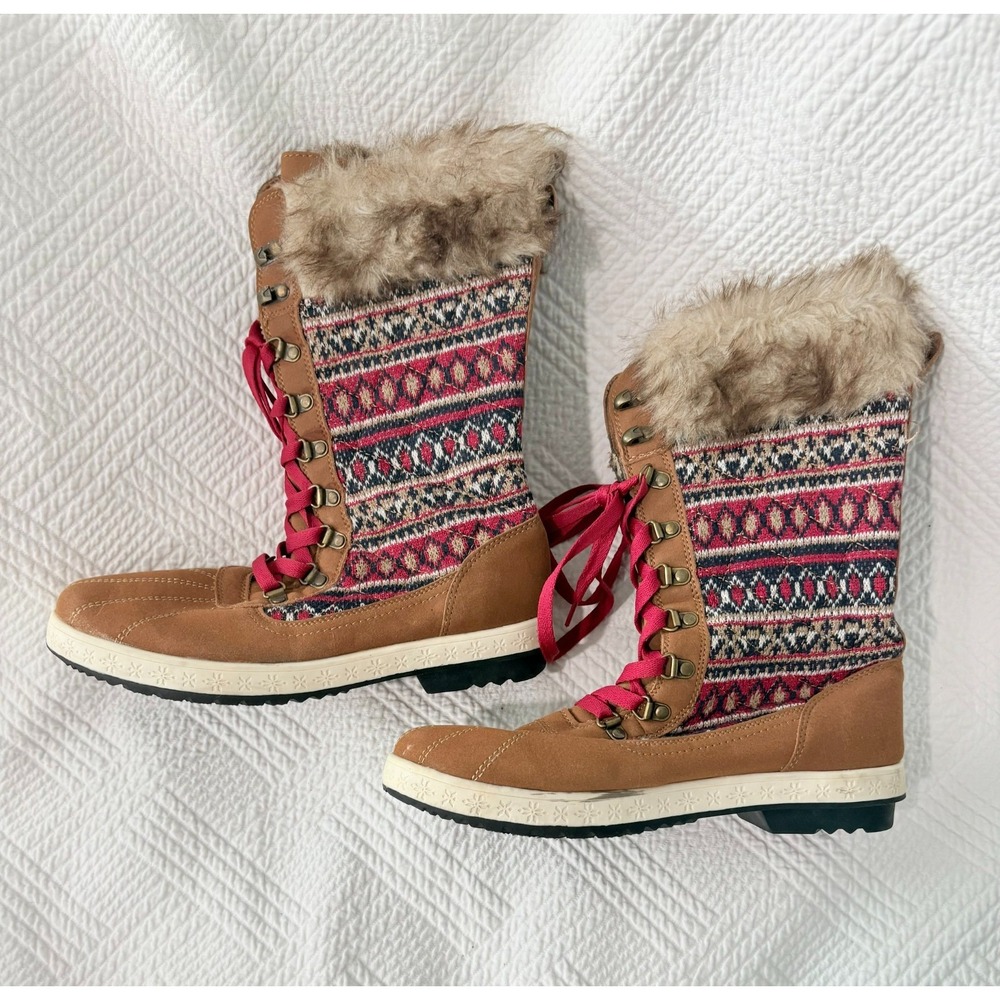 Just Fab Women's Tan Faux Fur Lace-up Boots Size 10 Winter Quilted Outdoor Gorp